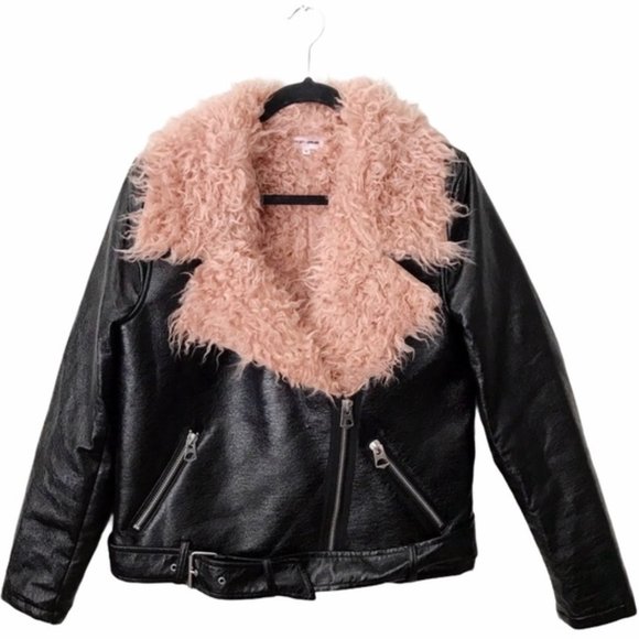 💥STUNNING!💥Pink Faux Mongolian Fur Collar & Lining Glossy Leather Moto Jacket - Picture 10 of 16